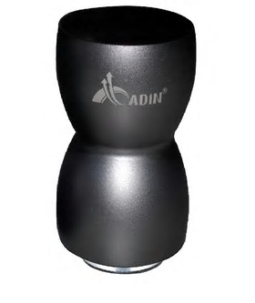 Ett foto av en vibrationshögtalare som ser ut so en svart cylinder med en midja i mitten.
