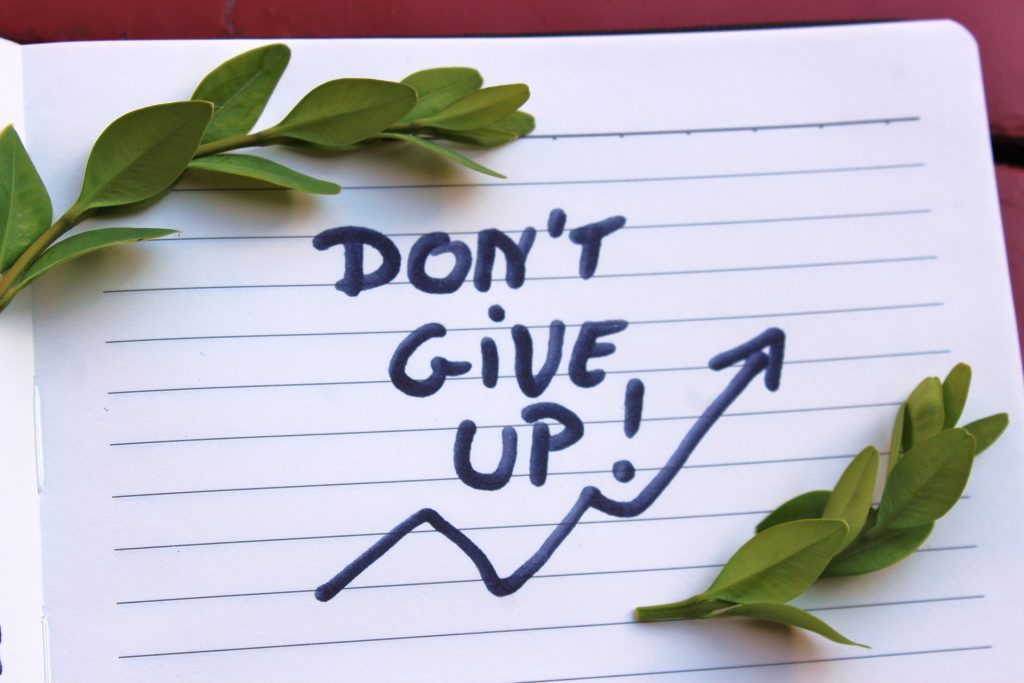 foto: Handskriven text ”don't give up" och två kvistar med gröna blad.
