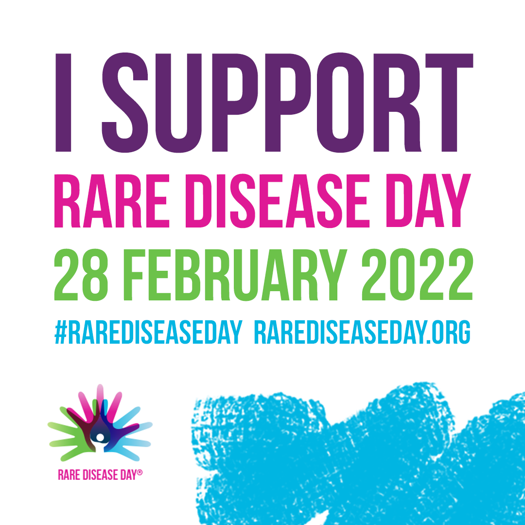 Vit platta med texten "I support rare disease day 28 February 2022. Illustration.