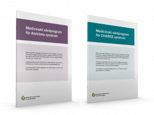 Framsidor på två medicinska vårdprogram, till vänster för Alströms syndrom och till höger för CHARGE syndrom. Fotomontage.