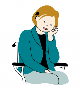 En kvinna med hörselapparat som sitter 7 i en stol med karmar. Hon håller vänster hand mot sin vänstra kind. Illustration.