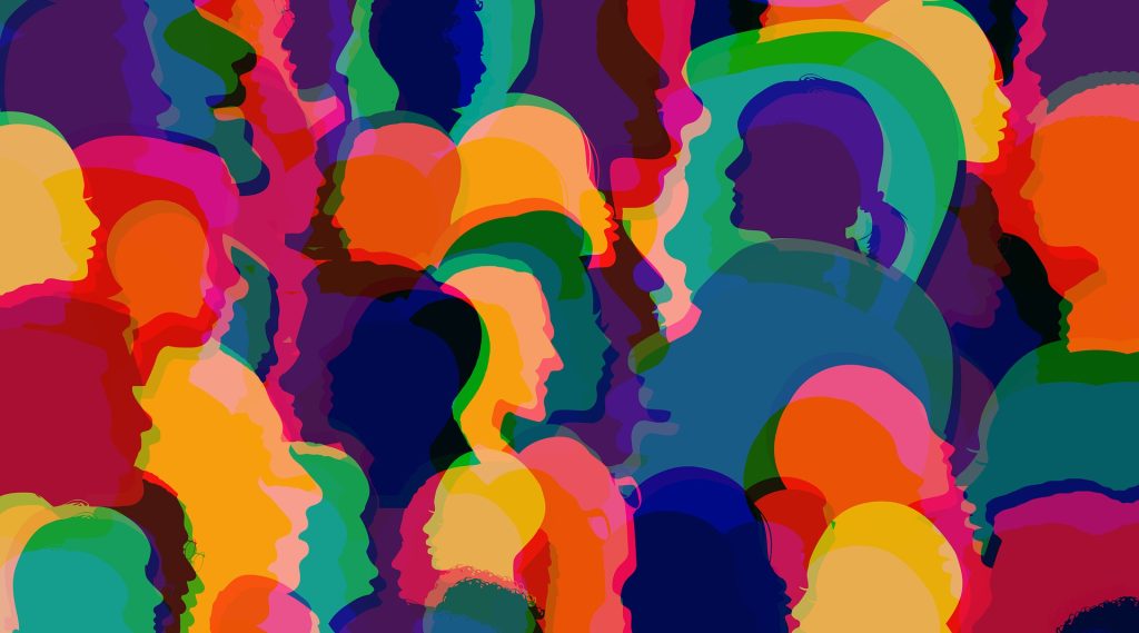Myller av huvuden på människor i profil i många olika färger. Illustration.