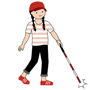Flicka med keps som går med en rödvit käpp i ena handen. Illustration.