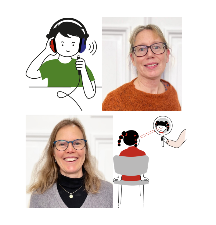 Porträttbilder på Karin Stenfeldt och Ulrika Kjellström, foto, samt illustrationer på två barn med hörselnedsättning respektive synnedsättning.