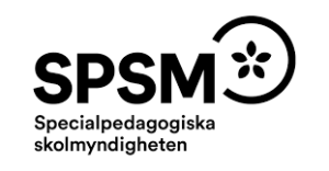 SPSM:s logga där "SPSM" har en halv äppelskiva runt sig. Under står det "Specialpedagogiska skolmyndigheten"
