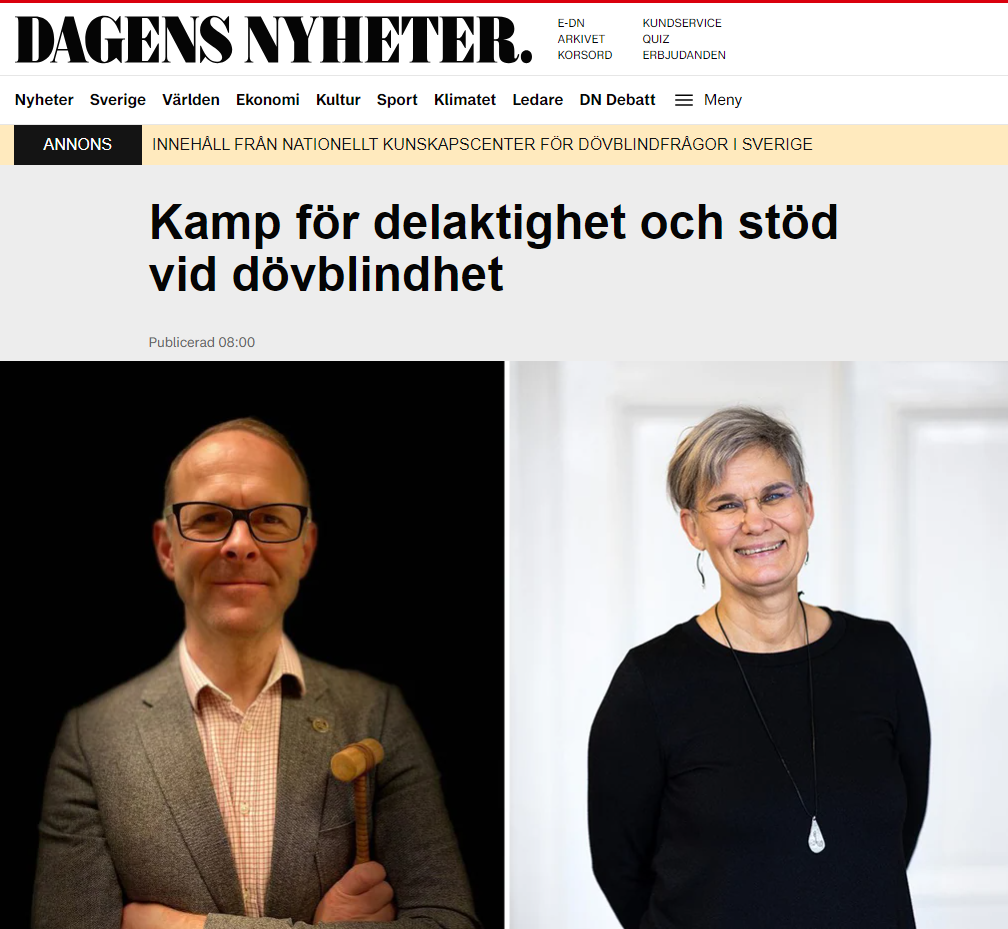 Bild från Dagens nyheter där deras logga syns över titeln "Kamp för delaktighet och stöd vid dövblindhet". Under titeln finns två porträttbilder, en på Klas Nelfelt och en på Helene Engh.