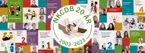 I en rund vit ring står det "Nkcdb 20 år 2003-2023" i grön text. I mitten håller 5 händer i varandra. Händerna har olika hudfärger. Illustration.