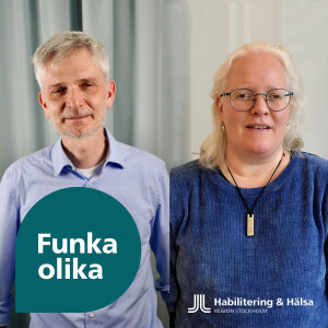 Bild på Mattias och Linda bredvid varandra. Båda är klädda i blått och tittar in i kameran. På bilden är en stor grönblå-aktig pratbubbla där det står "Funka olika".