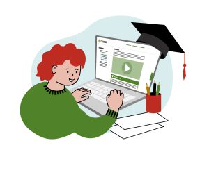 En person med rött hår sitter framför en bärbar dator. Datorn har en examenshatt hängande på skärmen. Bredvid datorn står ett pennställ och några papper. Illustration.