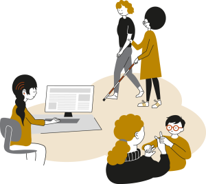 Illustration av en kvinna som blir ledsagad och använder käpp, en pojke som avläser teckenspråk taktilt samt en flicka som streamar information från sin dator till sin hörapparat.