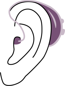 Bild av ett öra med en hörapparat i. Illustration.