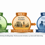 Tre cirklar i olika färger som illustrerar de tre böckernas olika teman. Illustration och text.