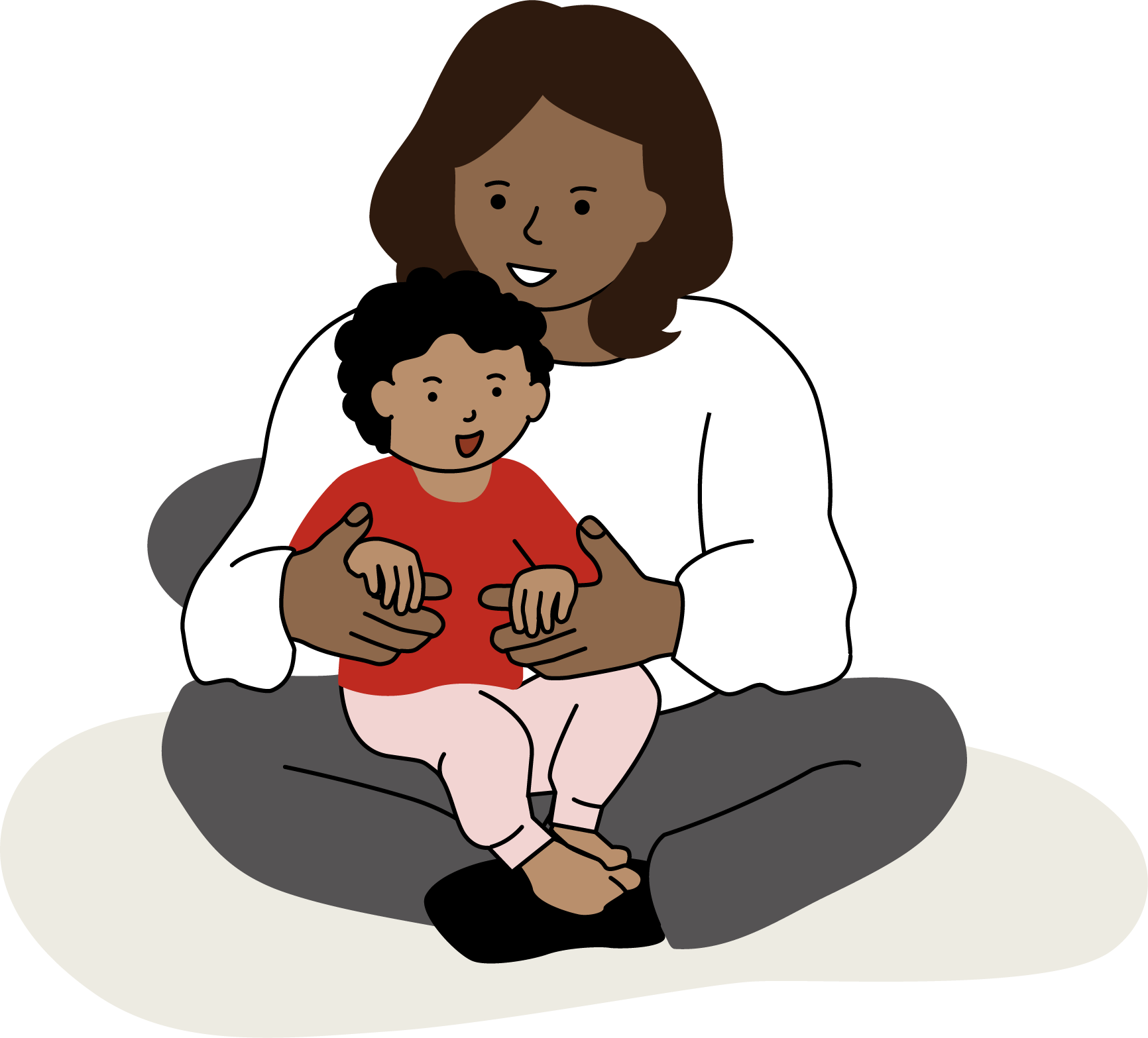 En kvinna sitter med ett barn i sitt knä. Barnet vilar sina händer på kvinnans. Båda ler. Illustration.