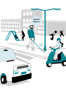 En man men en vit käpp går på en trottoar. Han slår just käppen i en lyktstolpe. På vägen kommer en bil och en vespa, bakom honom är lekande barn. Mannen säger “jag hör mig om”. Illustration.