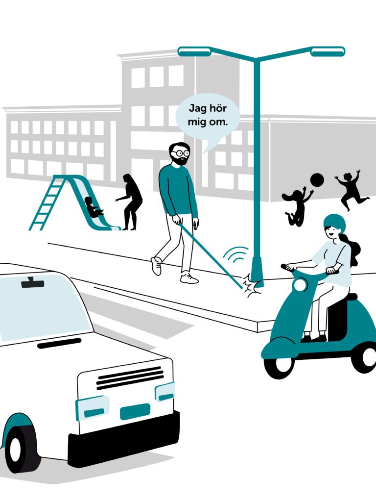 En man men en vit käpp går på en trottoar. Han slår just käppen i en lyktstolpe. På vägen kommer en bil och en vespa, bakom honom är lekande barn. Mannen säger “jag hör mig om”. Illustration.