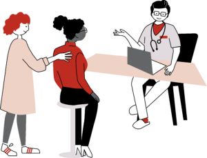 En läkare sitter bakom ett bord med en patient framför sig. Bakom patienten står en kvinna och ger en socialhaptisk signal på kvinnans rygg. Illustration.