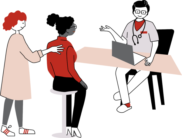 En läkare sitter bakom ett bord med en patient framför sig. Bakom patienten står en kvinna och ger en socialhaptisk signal på kvinnans rygg. Illustration.