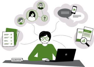 En person sitter framför en dator, Från huvudet går streck till olika bubblor med dokument, personer, förstoringsglas och mobiltelefon. Illustration.