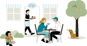 Utomhussceneri med ett par som sitter vid ett cafébord. En servitör kommer just genom dörren på caféet med en bricka och två småkakor. Till höger om bordet är en hund fastbunden vid ett träd och skäller. En fågel sitter i trädet och sjunger. Till vänster sitter ett barn på marken. Barnet har blod på knäet och gråter. Illustration.