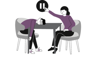 En man och en kvinna sitter mitt emot varandra. Mannen har sjunkit ner med huvudet på bordet och ser utmattat ut. Kvinnan trycker på en paus knapp. Illustration.