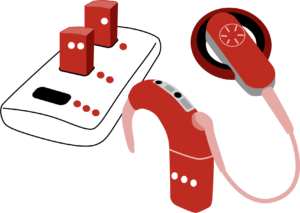 En laddare till batterier för CI. Platserna för batterierna och batterierna är märkta med en, två eller tre prickar.