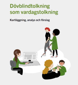 Framsidan av MFD-rapporten. I text står det "Dövblindtolkning som vardagstolkning - Kartläggning, analys och förslag". Under är olika illustrationer som illustrerar dövblindhet.