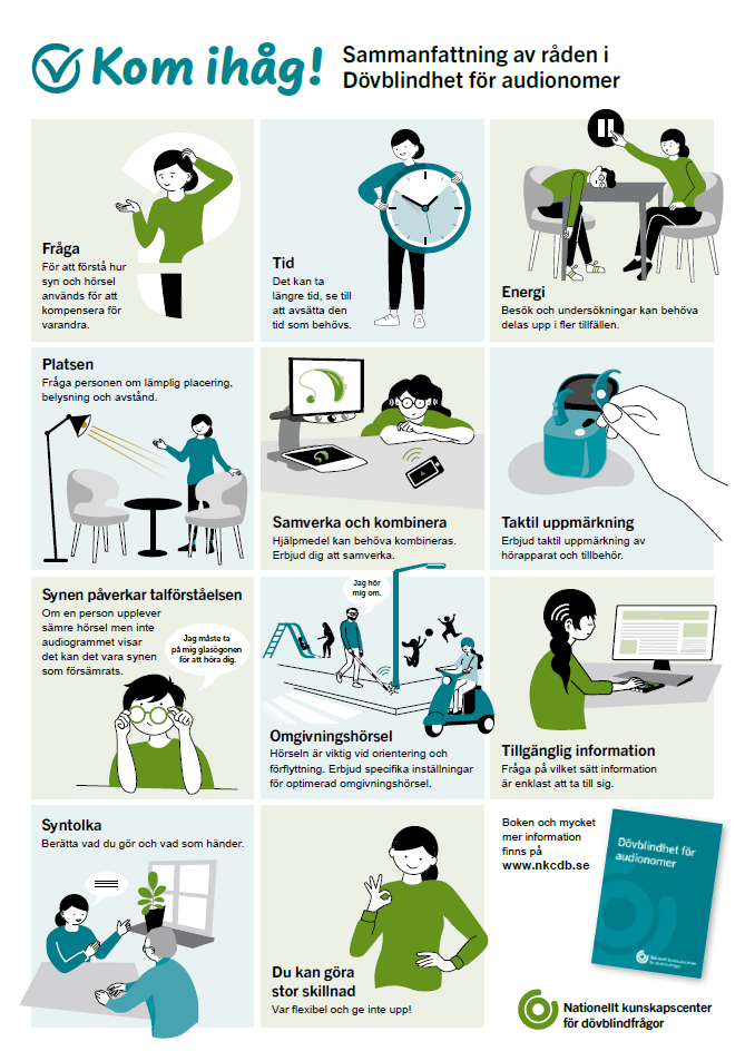 Framsida på affischen "Kom ihåg! Sammanfattning av råden i Dövblindhet för audionomer"