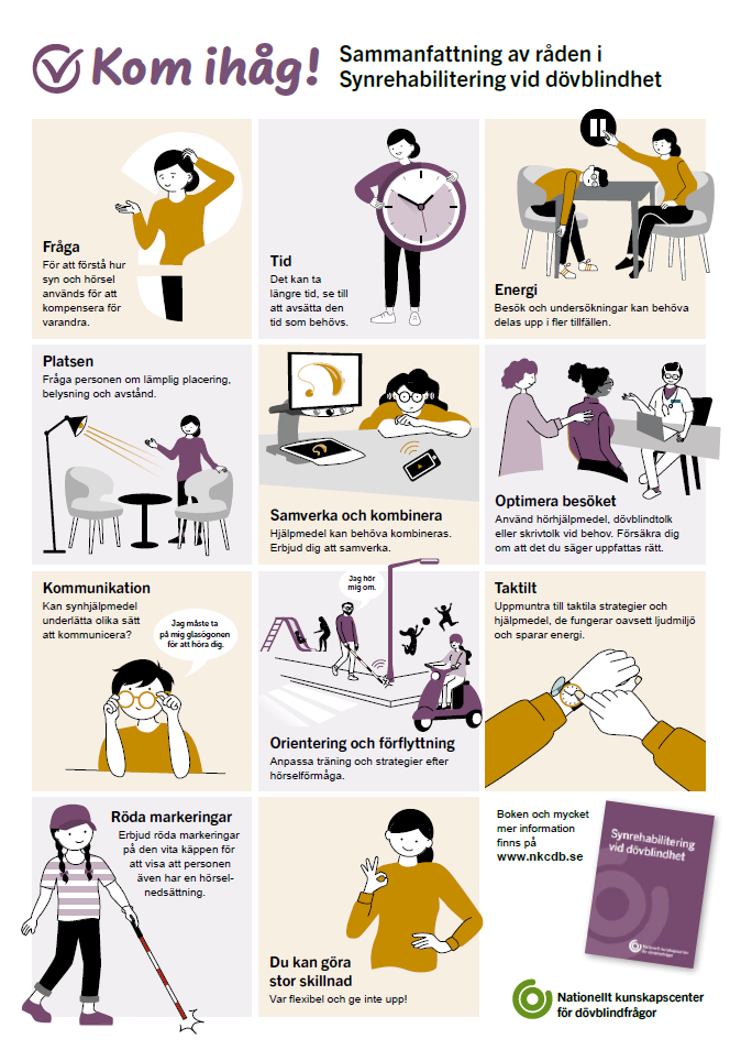 Framsida på affischen "Kom ihåg! Sammanfattning av råden i Synrehabilitering vid dövblindhet"