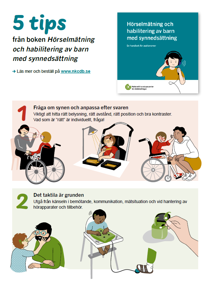 Framsida på affischen "5 tips från boken Hörselmätning och habilitering av barn med synnedsättning"