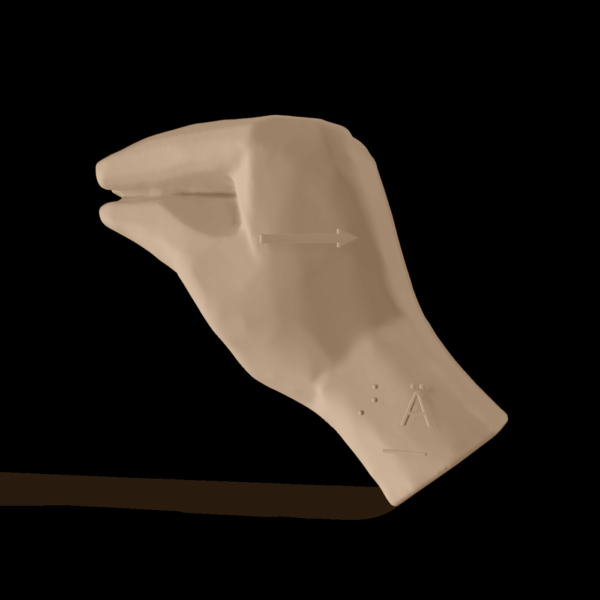 Bild av en 3D-hand som visar bokstaven Ä.