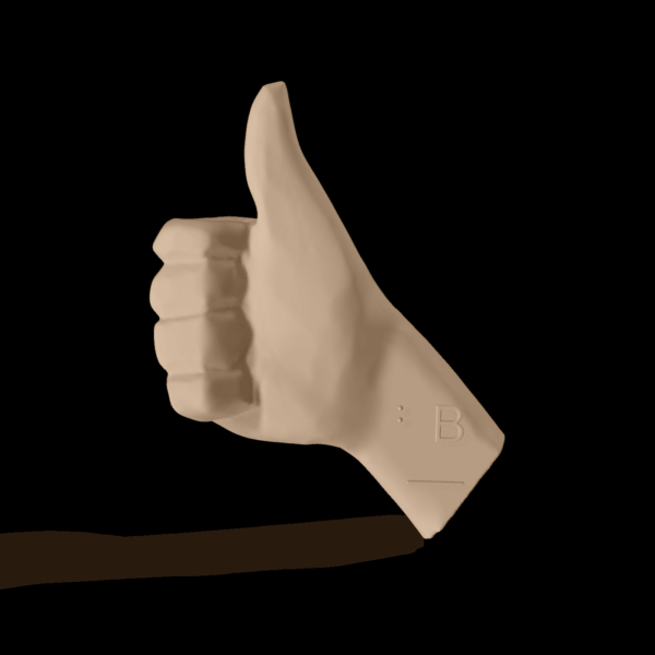 Bild av en 3D-hand som visar bokstaven B.