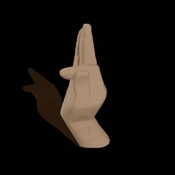 Bild av en 3D-hand som visar bokstaven F.