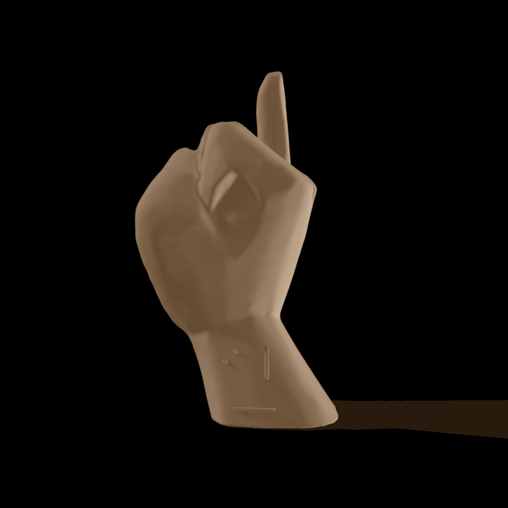 Bild av en 3D-hand som visar bokstaven I.