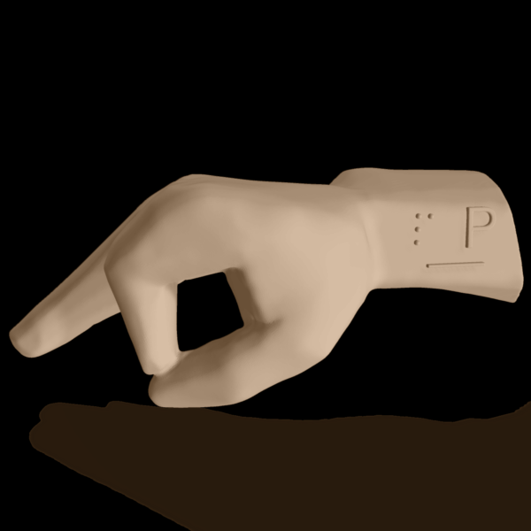 Bild av en 3D-hand som visar bokstaven P.
