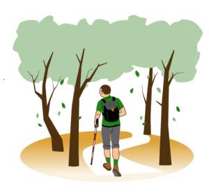 Man går på en parkväg och orienterar sig med hjälp av käppteknik. Illustration.