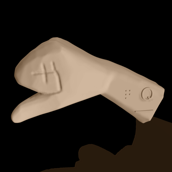 Bild av en 3D-hand som visar bokstaven Q.