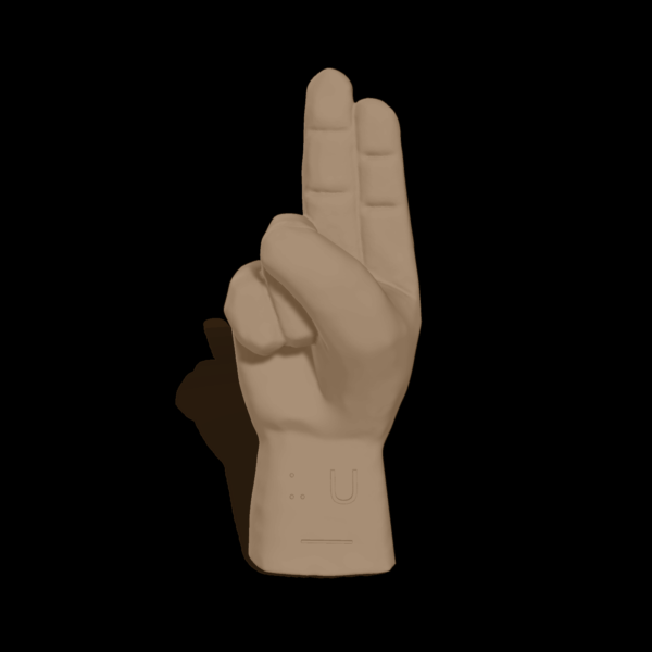 Bild av en 3D-hand som visar bokstaven U.