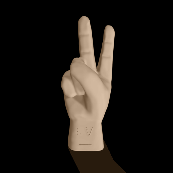 Bild av en 3D-hand som visar bokstaven V.