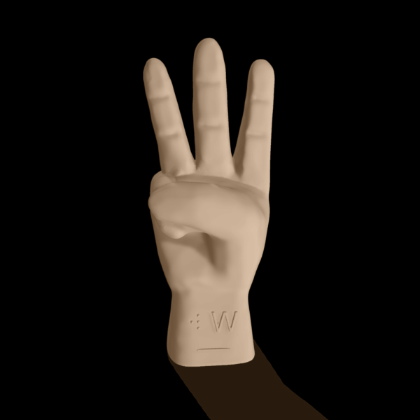 Bild av en 3D-hand som visar bokstaven W.