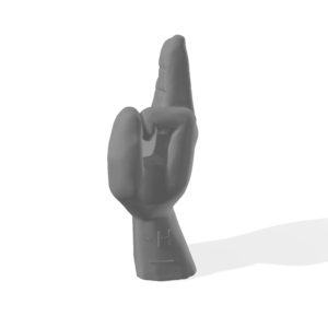 En 3D-printad hand som stavar bokstaven H i handalfabetet.