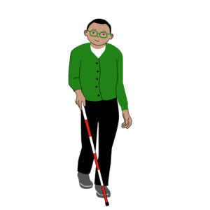 Illustration, person orienterar sig med käppteknik