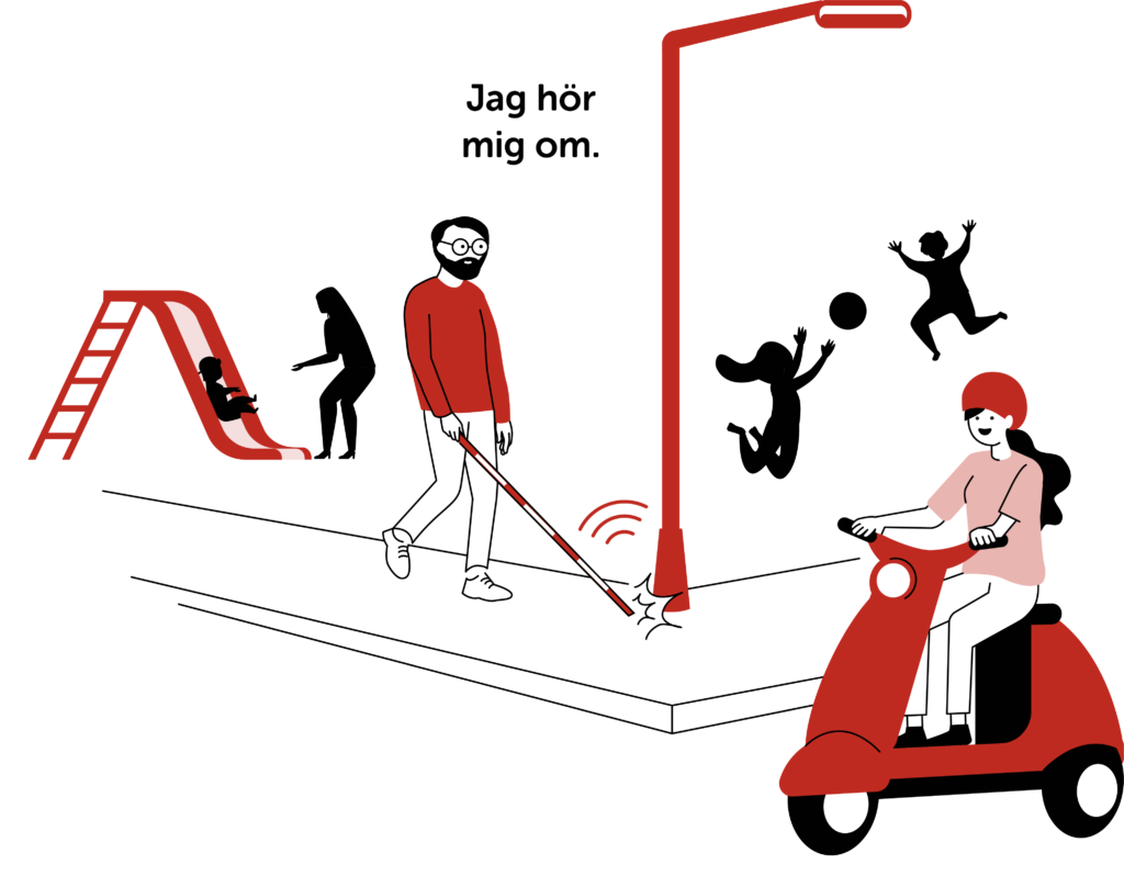 En person med röd och vit käpp går på en trottoar och säger "Jag hör mig om". Illustration i rött.