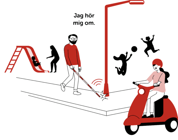 En person med röd och vit käpp går på en trottoar och säger "Jag hör mig om". Illustration i rött.
