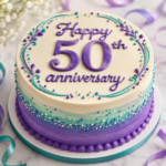 En tårta i blått, lila och vitt där det står "Happy 50th anniversary" på. AI-genererad.
