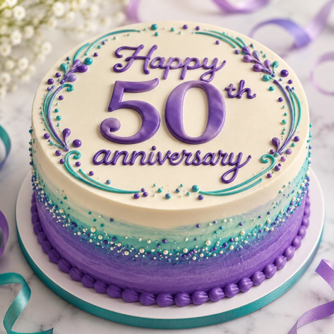 En tårta i blått, lila och vitt där det står "Happy 50th anniversary" på. AI-genererad.