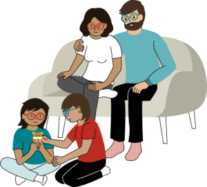 Två vuxna sitter på en soffa och tittar på två barn som leker med en hamster på golvet. Illustration.