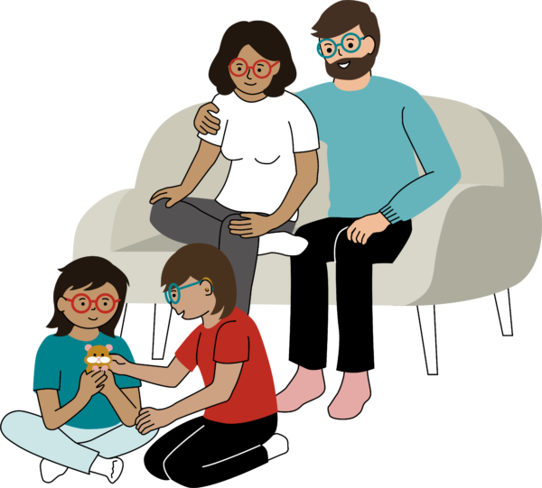 Två vuxna sitter på en soffa och tittar på två barn som leker med en hamster på golvet. Illustration.