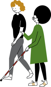En person med vit och röd käpp får ledsagning av en annan person. Illustration.