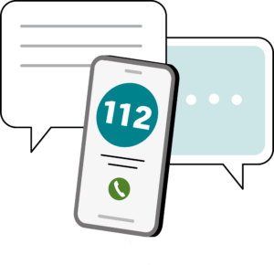 En mobiltelefon med symbolen för samtal i form av en grön telefonlur samt numret 112. Bakom syns 2 pratbubblor, den ena med streck och den andra med prickar. Illustration.