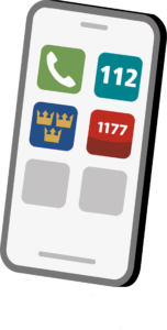 En mobiltelefon med symbolerna för apparna Telefon, 112, Krisinformation och 1177. llustration.